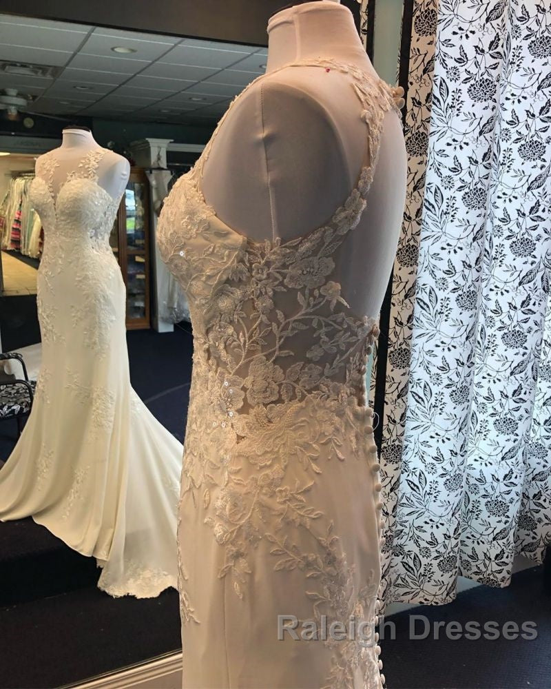 Exquisite Jewel Sleeveless Wedding Dresses Sheath Tulle Lace Open Back Bridal Gown