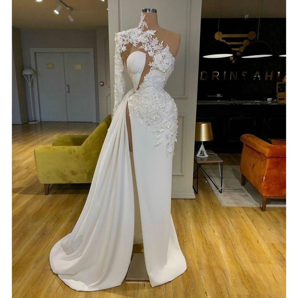 Exquisite Lace White Prom Dress High Neck One Shoulder Long Sleeve Prom Gown Side Split Robes De Mari¨¦E