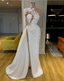 Exquisite Lace White Prom Dress High Neck One Shoulder Long Sleeve Prom Gown Side Split Robes De Mari¨¦E