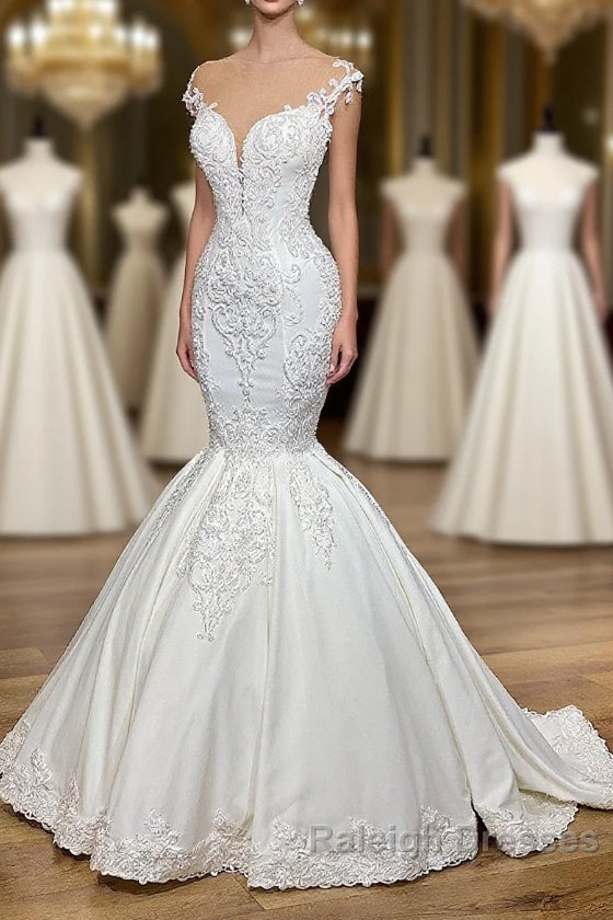 Exquisite Long Lace V Neck Sleeveless Mermaid Wedding Dress