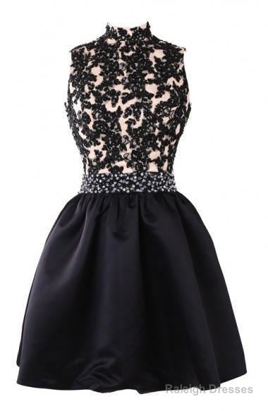 Exquisite Short High Neck Satin Homecoming Dresses With Beaded Main image