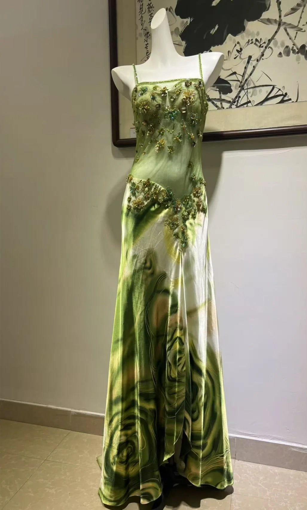 Exquisite Turquoise Gradient Square Neck Beaded Satin Long Formal Prom Dress Main image