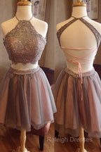 Exquisite Two Pieces Open Back Halter Blush Lace Homecoming Dress