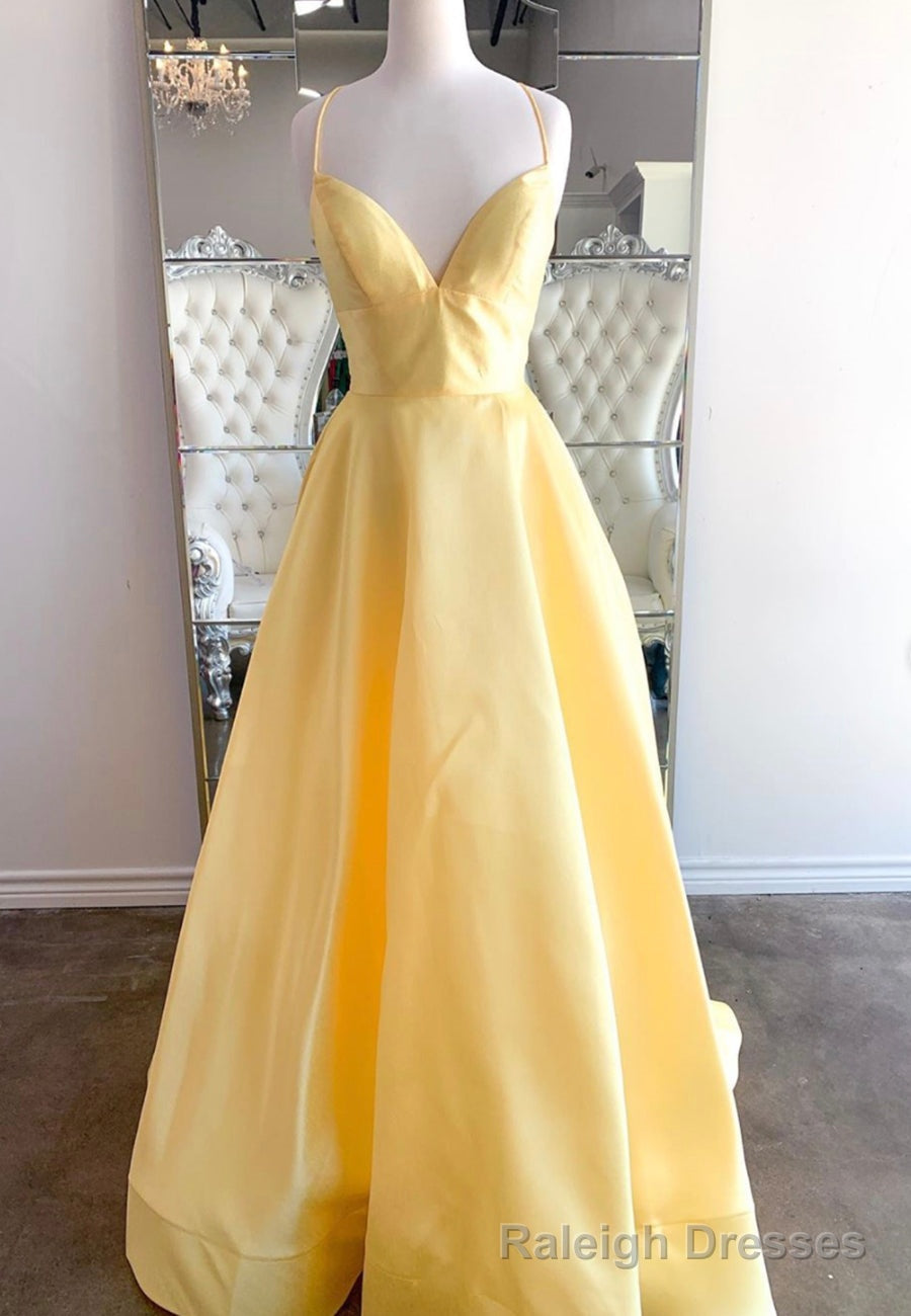 Yellow Satin Long Prom Dresses, A-Line Backless Evening Dresses