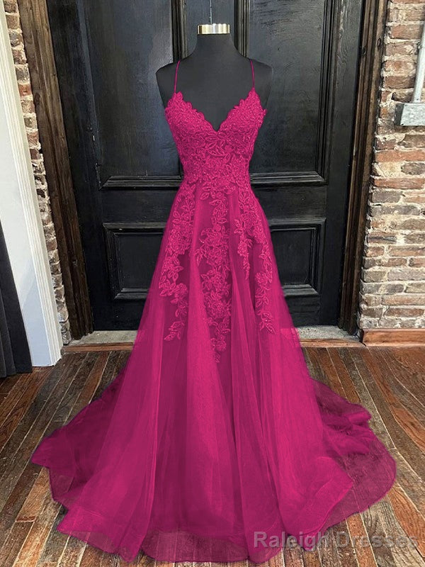 A Line V Neck Sweep Train Tulle Prom Dress With Appliques Lace