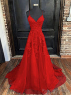 A Line V Neck Sweep Train Tulle Prom Dress With Appliques Lace