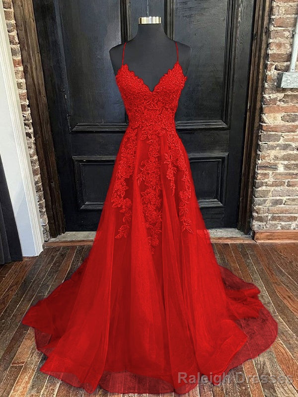 A Line V Neck Sweep Train Tulle Prom Dress With Appliques Lace
