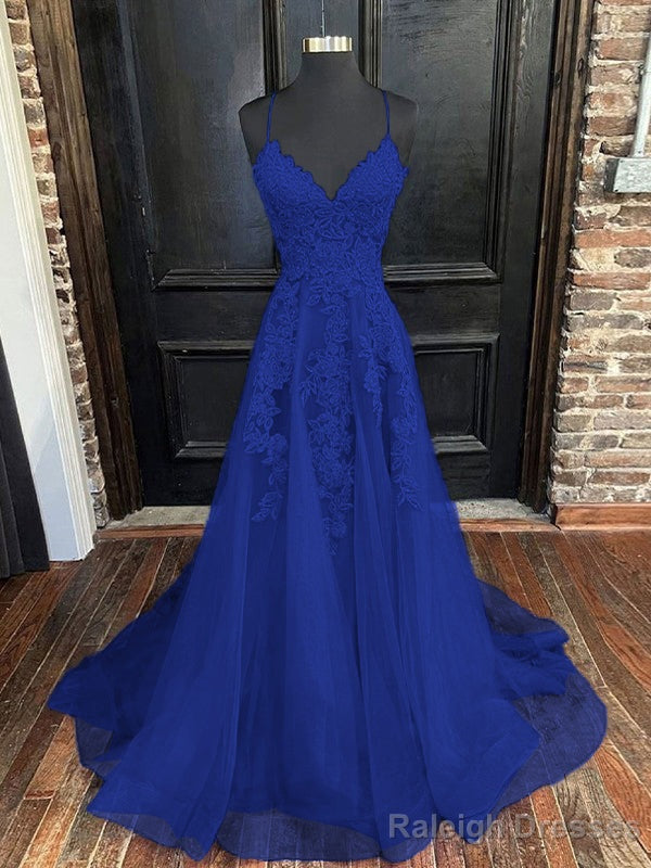 A Line V Neck Sweep Train Tulle Prom Dress With Appliques Lace