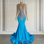 Ocean blue sleeveless mermaid prom Dresses with long beadings