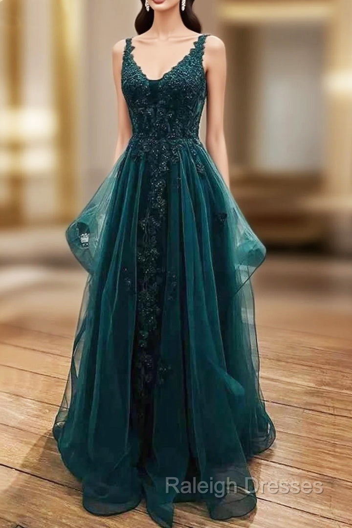 Fabulous A-line Lace With Beading Tulle Long V Neck Prom Dress Main image