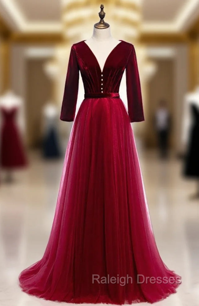 Fabulous Burgundy Tulle Velvet Long Sleeve V-neck Pleats Peom Dress Main image