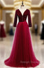 Fabulous Burgundy Tulle Velvet Long Sleeve V-neck Pleats Peom Dress