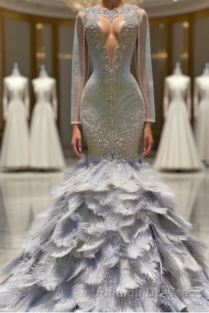 Fabulous Long Mermaid V-neck Sequined Beading Feather Tulle Prom Dress with Sleeves Main image