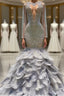 Fabulous Long Mermaid V-neck Sequined Beading Feather Tulle Prom Dress with Sleeves