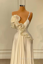 Fabulous White Satin Prom Prom Dresses with Ruffles