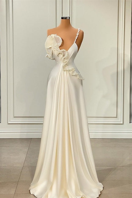Fabulous White Satin Evening Prom Dresses With Ruffles