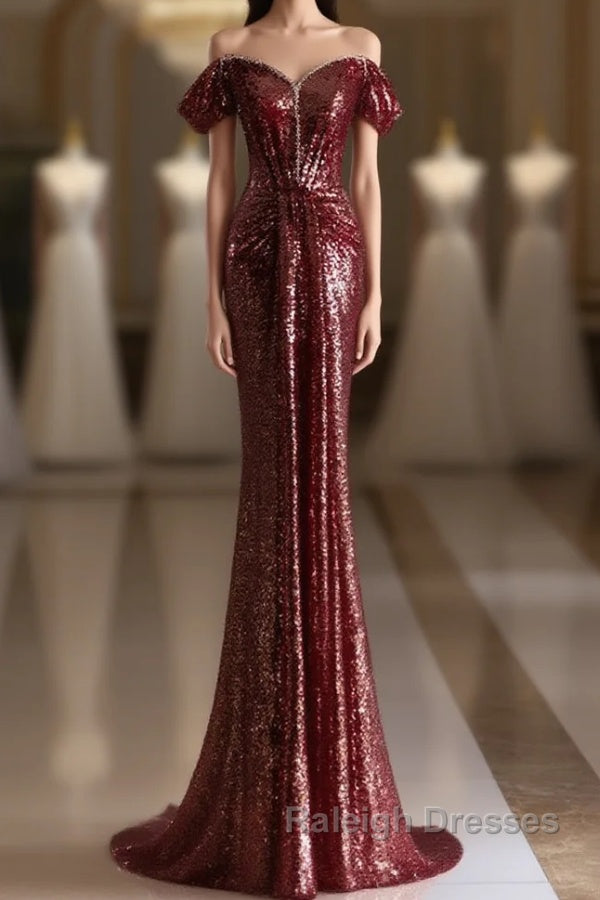 Simple Off Shoulder Sequin Burgundy Long Prom Dresses Burgundy Long Prom Dresses Main image