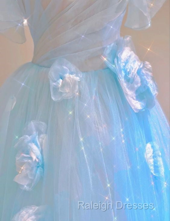 Fairy A-Line Blue Floral Prom Dress