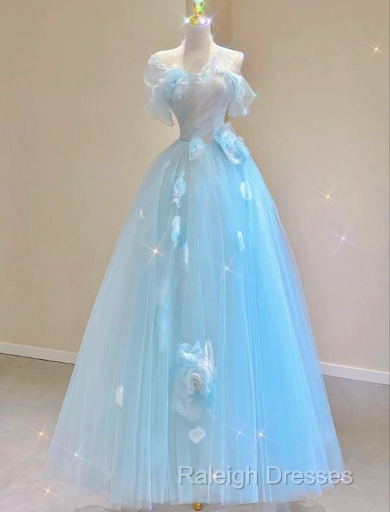 Fairy A-Line Blue Floral Prom Dress