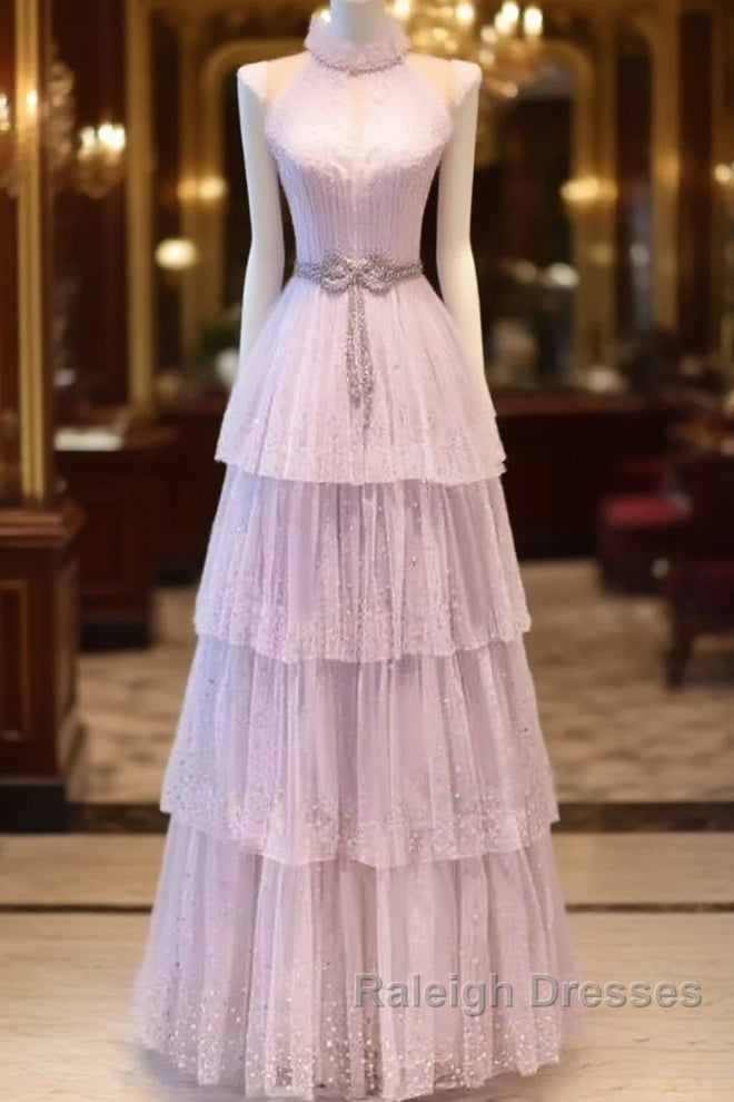 Fairy A Line High Neckline Pink Long Tulle Prom Dresses 22Th Birthday Outfit