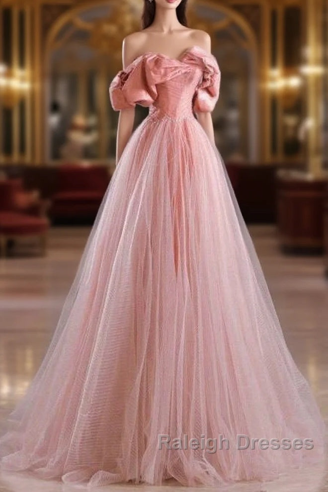 Fairy A Line Off The Shoulder Pink Tulle Prom Dresses For Teens Main image