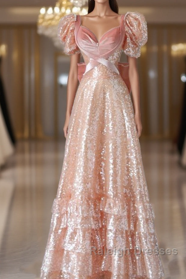 Fairy A Line Short Sleeves Sequin Long Prom Dress Main image