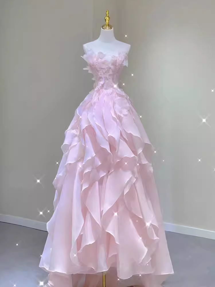 Fairy A-Line Sleeveless Pink Long Floral Prom Dresses