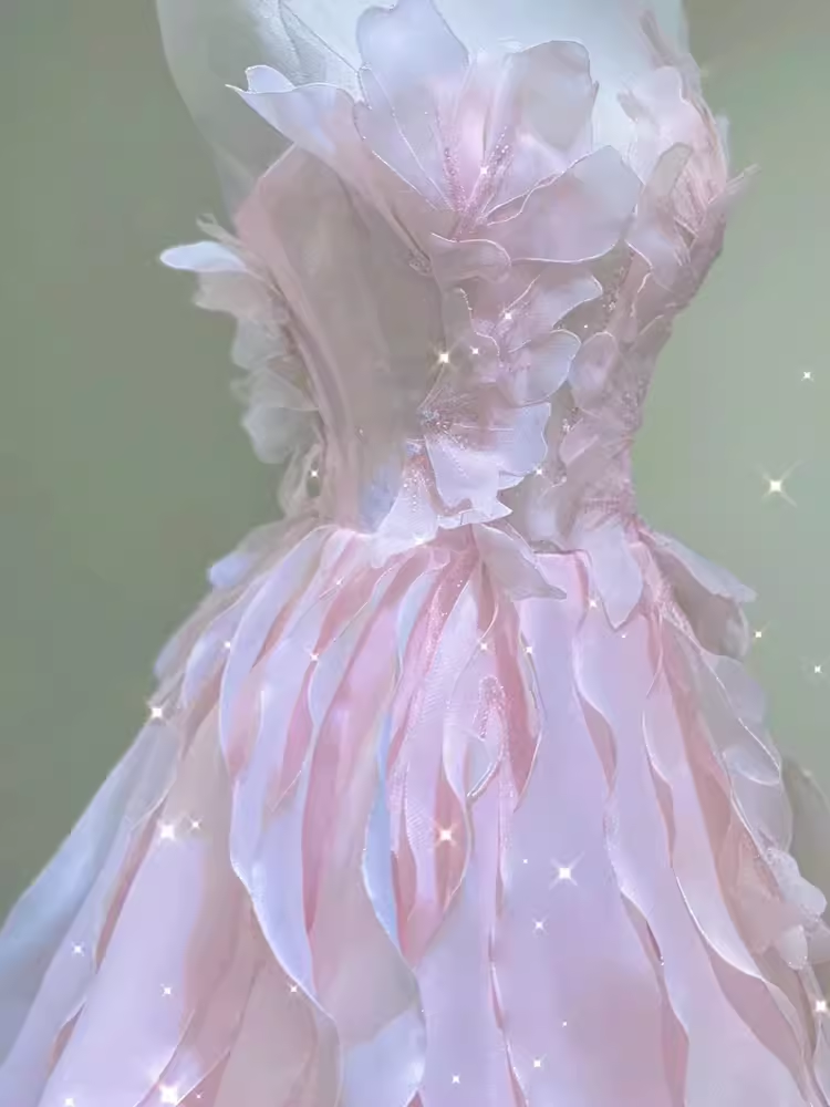 Fairy A-Line Sleeveless Pink Long Floral Prom Dresses