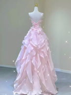 Fairy A-Line Sleeveless Pink Long Floral Prom Dresses