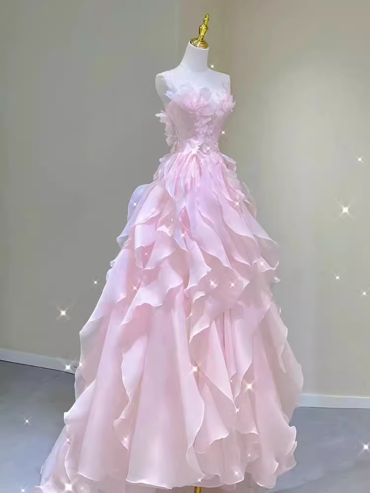 Fairy A-Line Sleeveless Pink Long Floral Prom Dresses