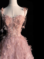 Fairy A-Line Spaghetti Straps Pink Tulle Prom Dress For Teens