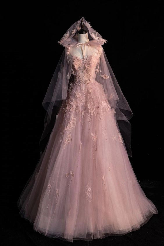 Fairy A-Line Spaghetti Straps Pink Tulle Prom Dress For Teens