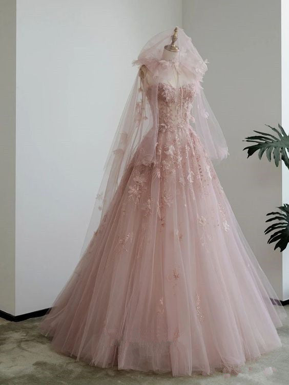 Fairy A-Line Spaghetti Straps Pink Tulle Prom Dress For Teens
