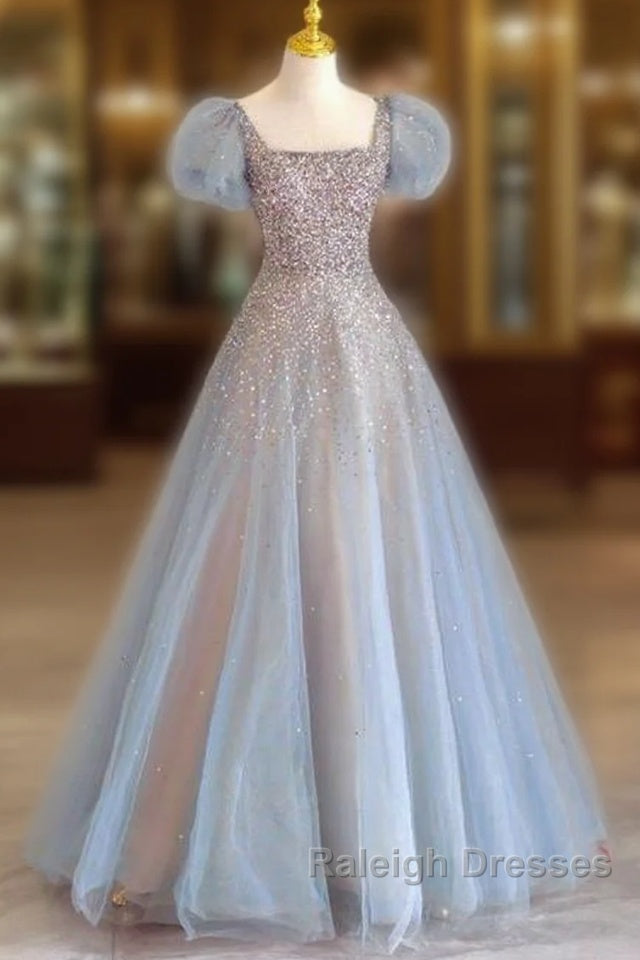 Fairy A Line Square Neckline Tulle Long Blue Prom Dress Main image