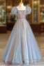 Fairy A Line Square Neckline Tulle Long Blue Prom Dress