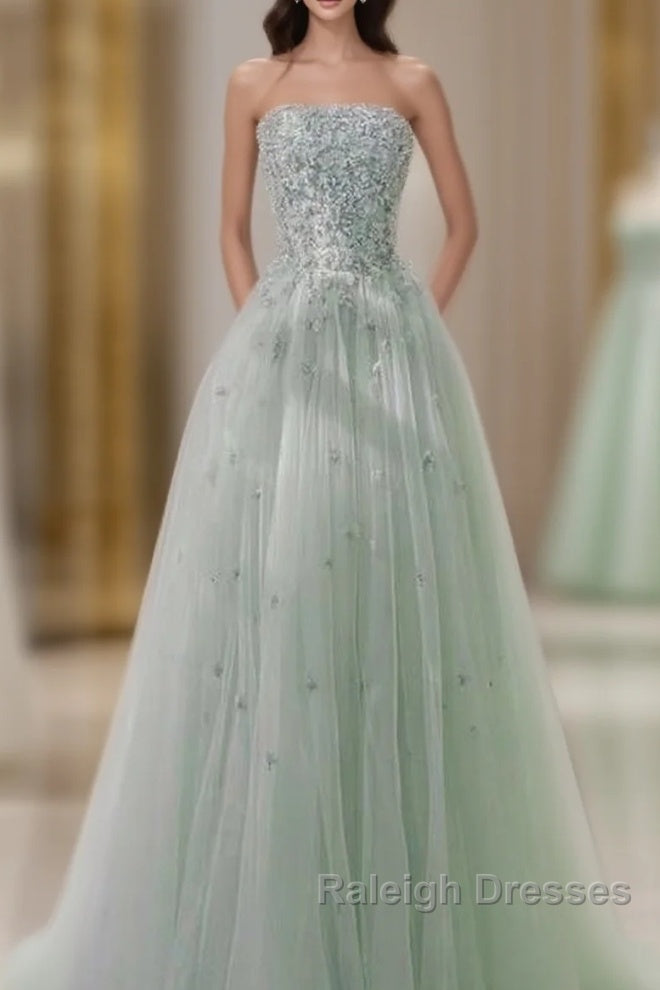 Fairy A-Line Strapless Mint Green Long Tulle Prom Dress 22Th Birthday Outfit