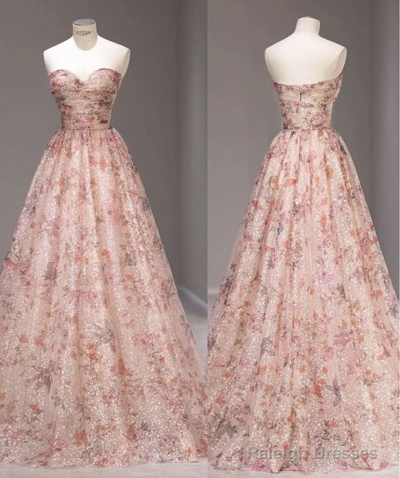 Fairy A Line Strapless Pink Sequin Long Prom Dresses Evening Dress