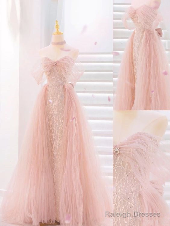 Fairy A Line Strapless Tulle Sequin Long Pink Prom Dress Main image