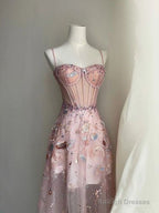 Fairy A Line Straps Long Pink Lace Prom Dresses