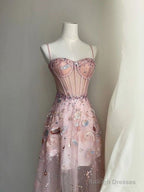 Fairy A-Line Straps Long Pink Lace Prom Dress