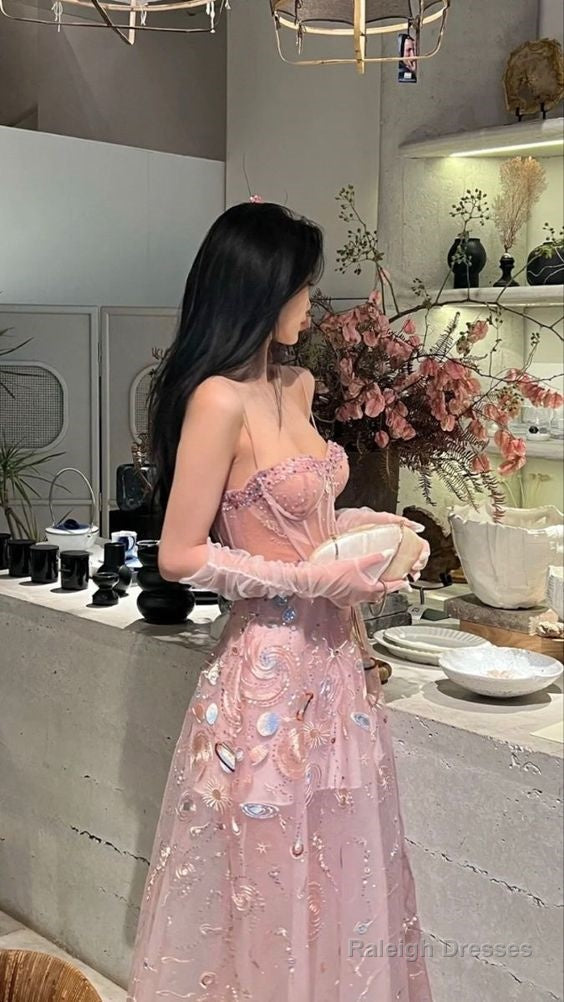 Fairy A-Line Straps Long Pink Lace Prom Dress Main image