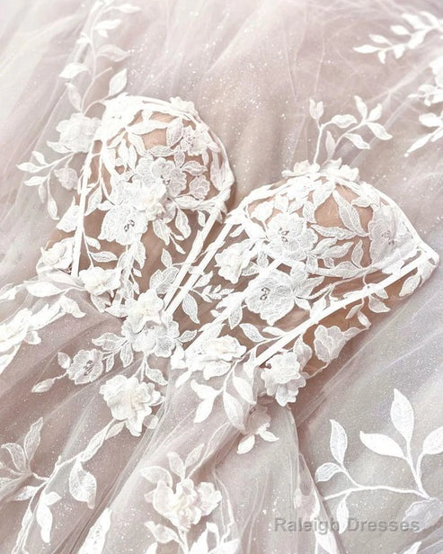 Fairy A Line Sweetheart Tulle Long Wedding Dresses With Appliques Off Shoulder Beautiful