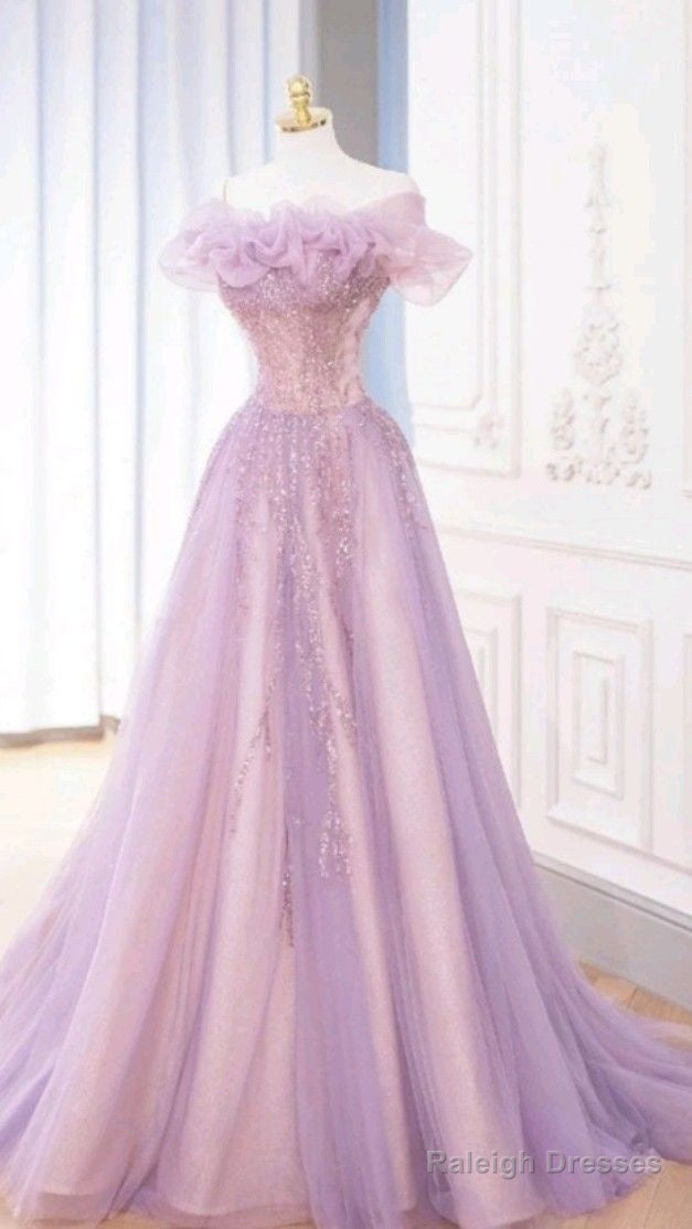 Fairy Ball Gown Off The Shoulder Lilac Tulle Prom Dresses Long Party Dress