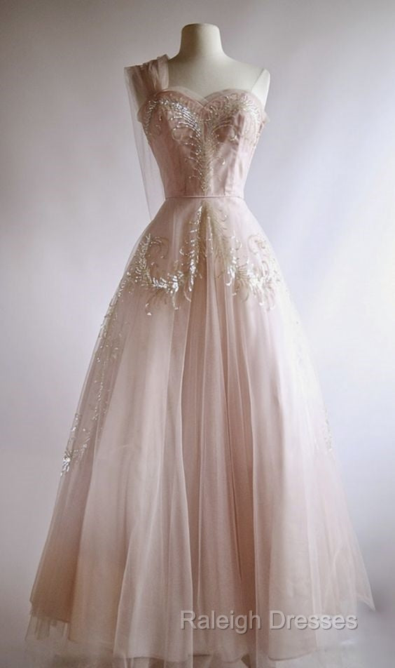 Fairy Ball Gown One Shoulder Pink Lace Prom Dresses Ankel Length Evening Dress