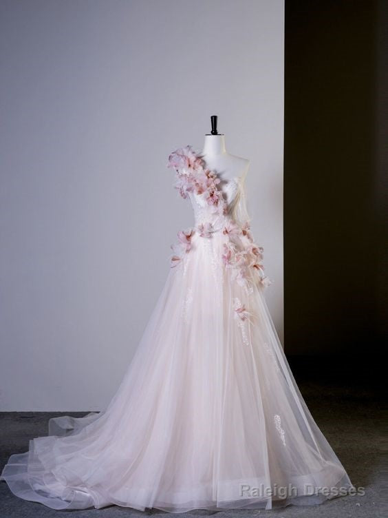 Fairy Ball Gown One Shoulder Pink Tulle Prom Dresses Long Party Dress