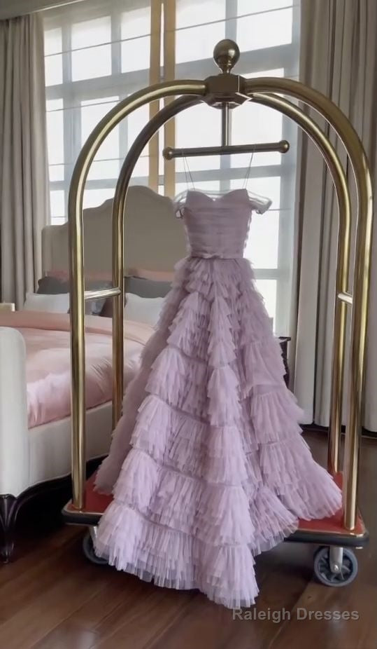 Fairy Ball Gown Strapless Lilac Tulle Long Prom Dresses Evening Dress