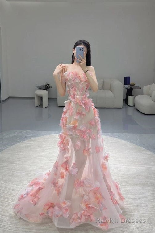 Fairy Ball Gown Strapless Pink Floral Prom Dresses Long Evening Dress