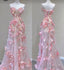 Fairy Ball Gown Strapless Pink Floral Prom Dresses Long Evening Dress