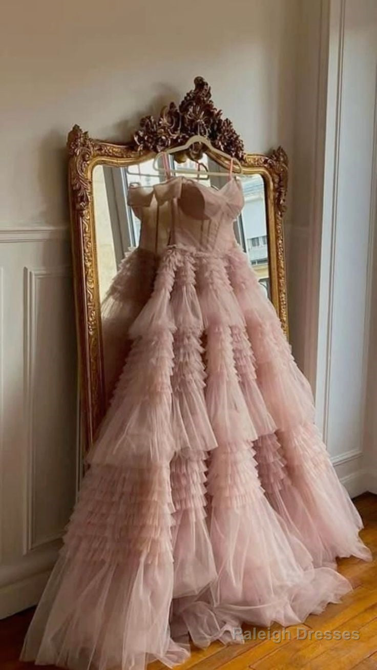 Fairy Ball Gown Strapless Pink Tiered Tulle Long Prom Dresses Evening Dress Main image