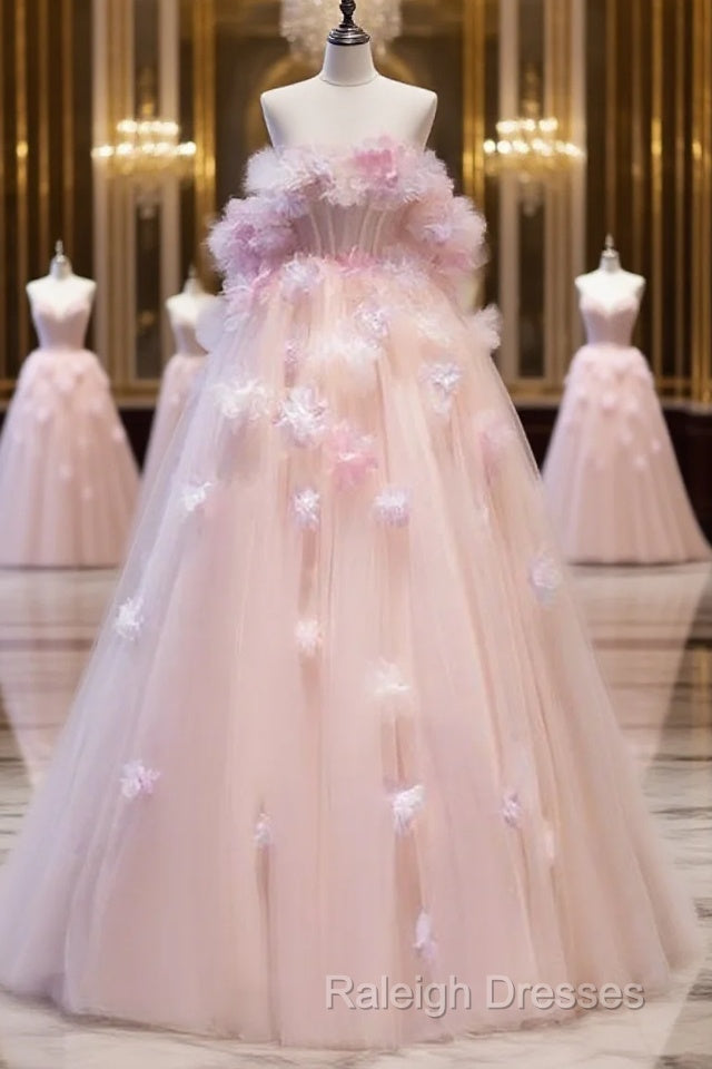 Fairy Ball Gown Strapless Pink Tulle Prom Dresses Long Party Dress